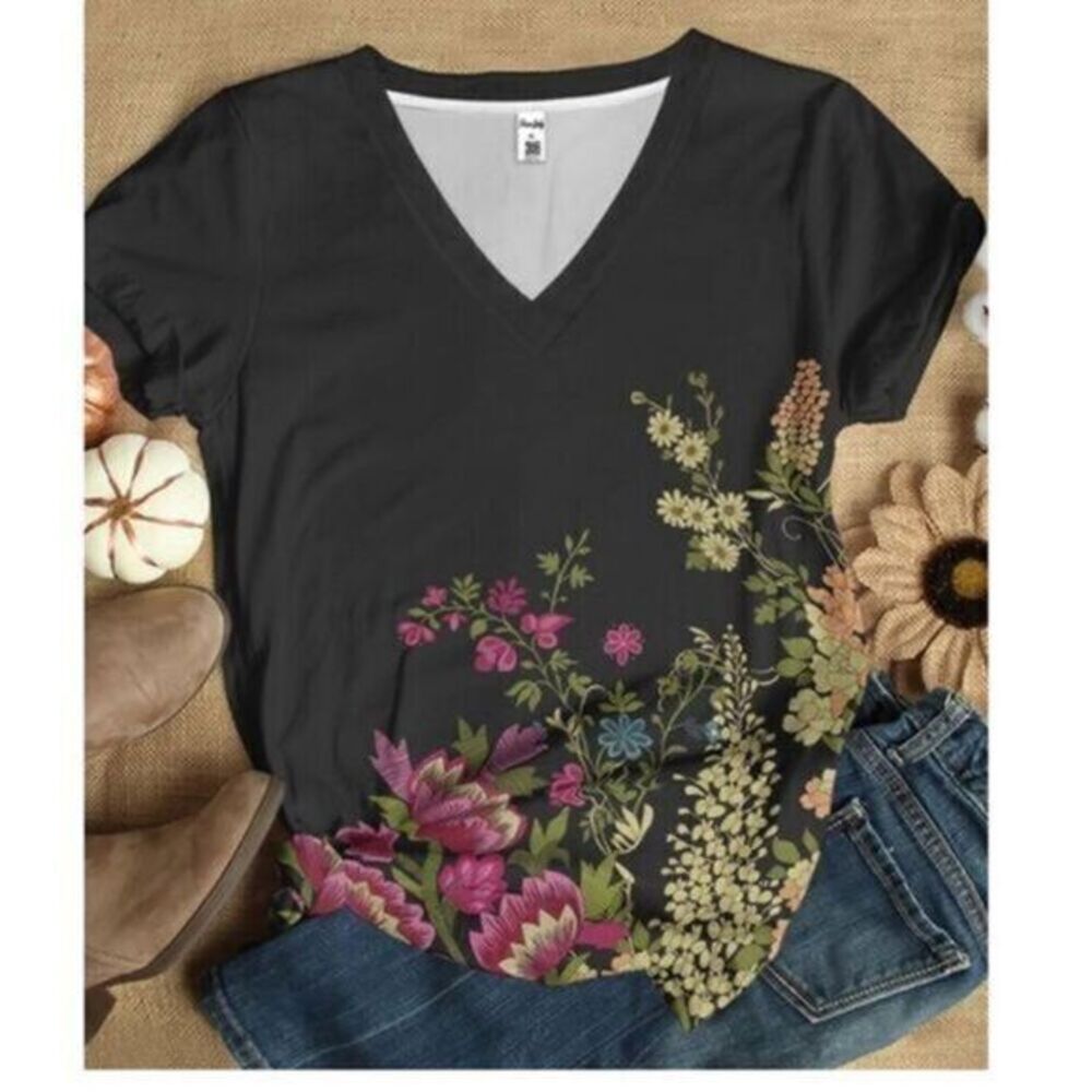 PixieLady | Black & Pink Floral V-Neck Women & Plus Size S # Z604​​​